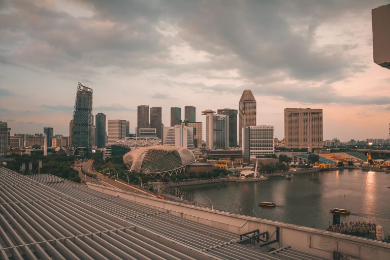 A city skyline with towering skyscrapers in  Singapore