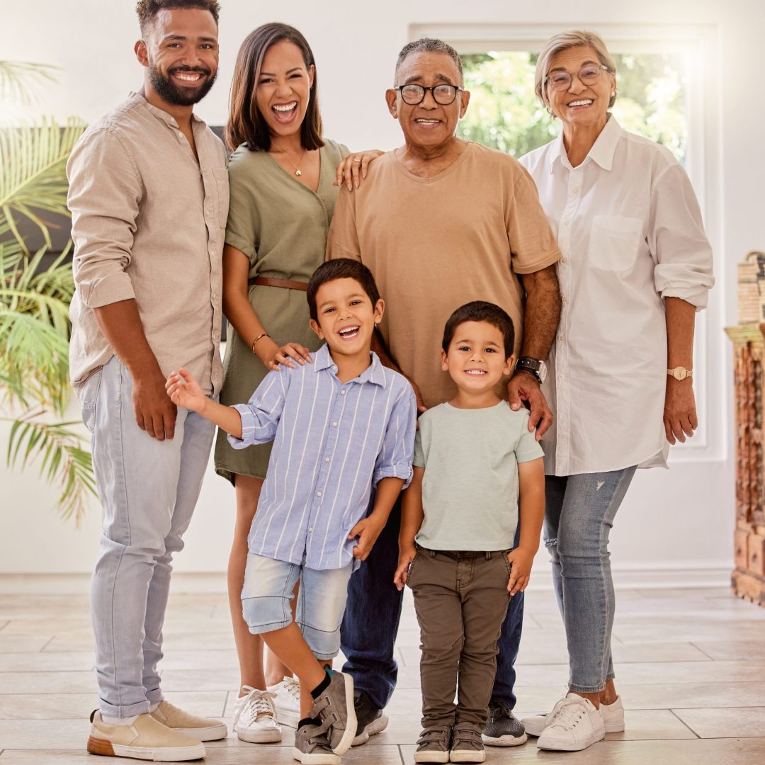 Big family, portrait and bonding in home together with grandmother, grandfather and children. Gener.